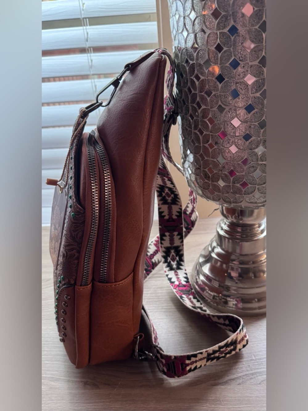 Sam & Hadley Brown Tooled Leather Crossbody Sling Bag with Turquoise Accents - Picture 5 of 12